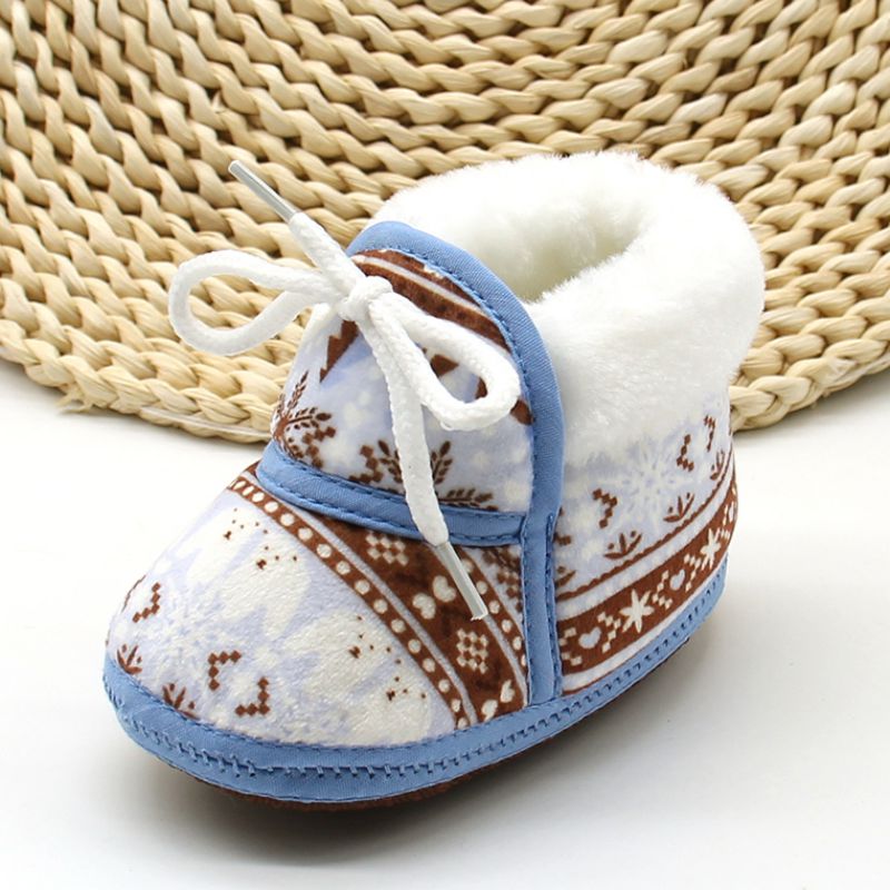 Varm prewalker støvler toddler pige dreng hæklet print fleece støvle snørebånd uld sne krybbe sko vinter støvletter: Himmelblå