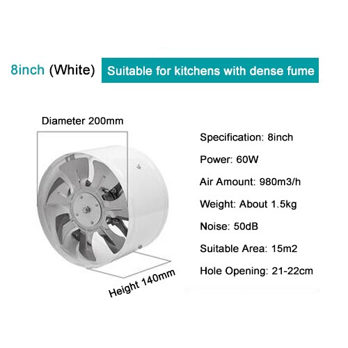 DMWD 8 inch pipe exhaust fan 8" duct ceiling air ventilation fan inline booster 200mm window exhauster toilet kitchen exhaustfan: White