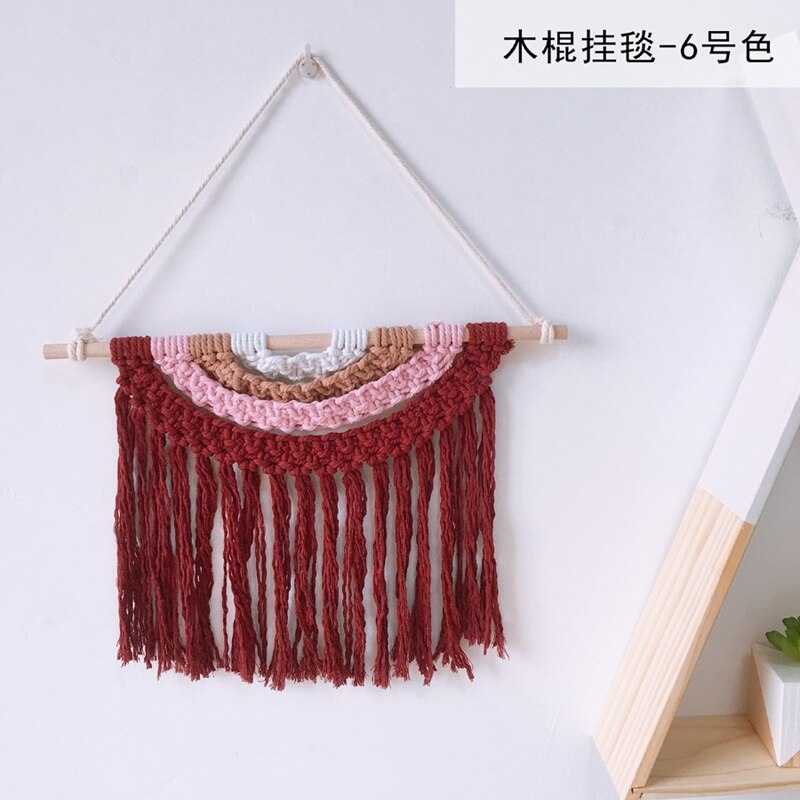 Babykamer macramé gebreid wandkleed met kwastje bohemian handgemaakte gevlochten regenboog houten wandhanger kunst kinderkamer boho decoratie: 06