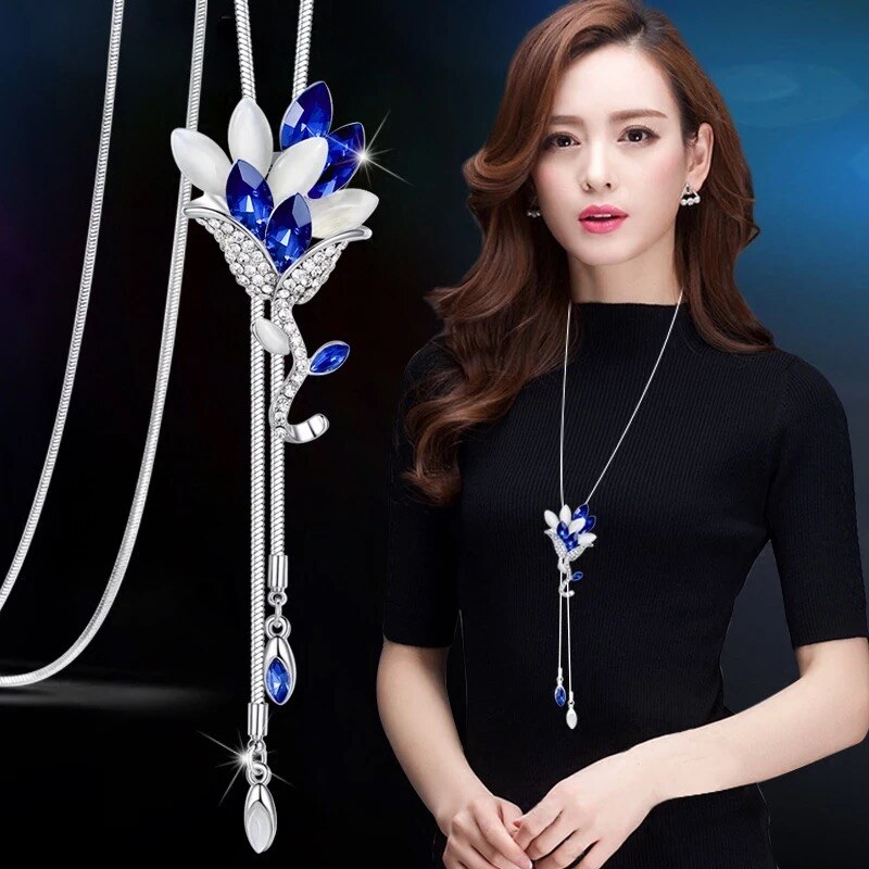 Ravimour Mode Lange Keten Trui Kettingen Voor Vrouwen Blue Opal Rhinestone Bloem Hanger Ketting Vrouwelijke Sieraden: S9