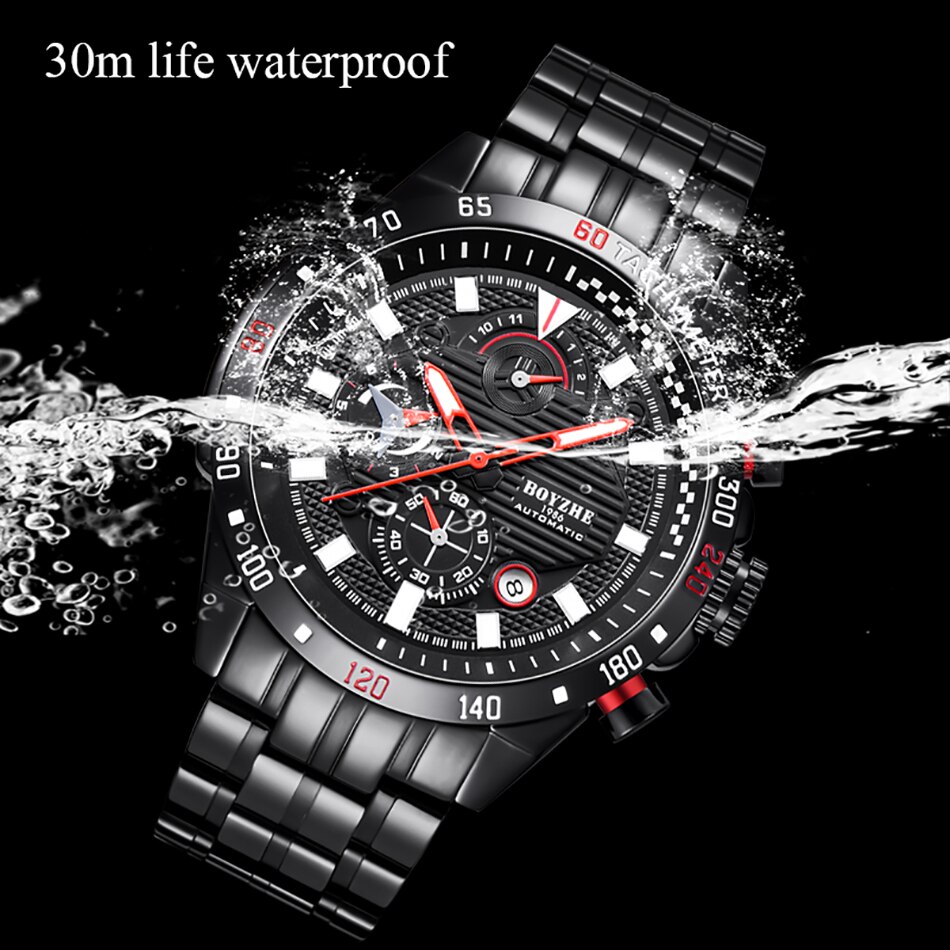 BOYZHE Sport Automatische Uhr Männer Edelstahl Chronograph Herren Mechanische Uhren Auto Datum Luxus montre homme