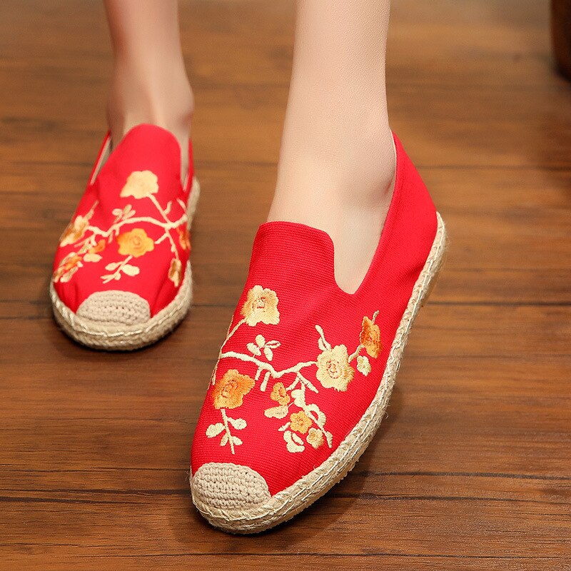 Johnature toile chaussures décontracté Floral sans lacet bout rond Style National printemps/automne broder femmes chaussures