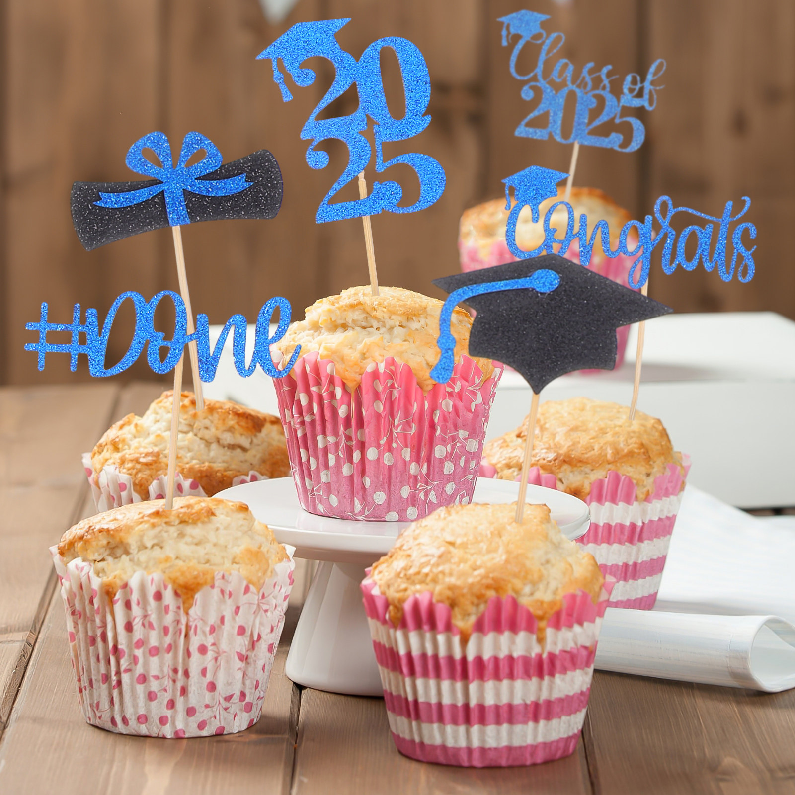 12Pcs Graduation Cake Toppers Class of Grad Cap Cupcake Picks Festive Glitter Versatile Dessert Decoration