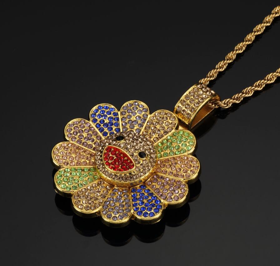 Men Hip hop Iced out bling Sun flower shape pendant necklaces rotatable popular Charm Necklace Hiphop jewelry: ZD01 / 50cm