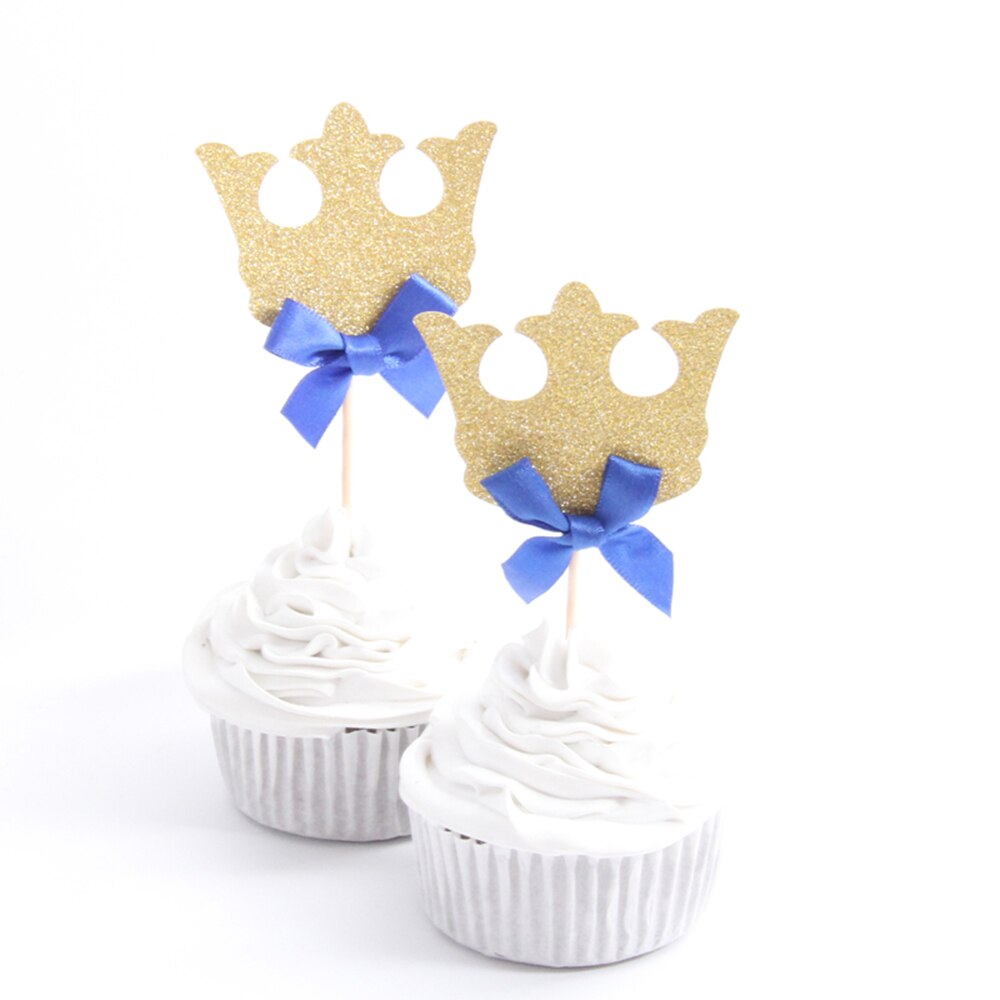 10pcs/lot Glitter Prince Crown Cupcake Topper Pick Cartoon Baby Kids Boy Girl Birthday Party Decorations