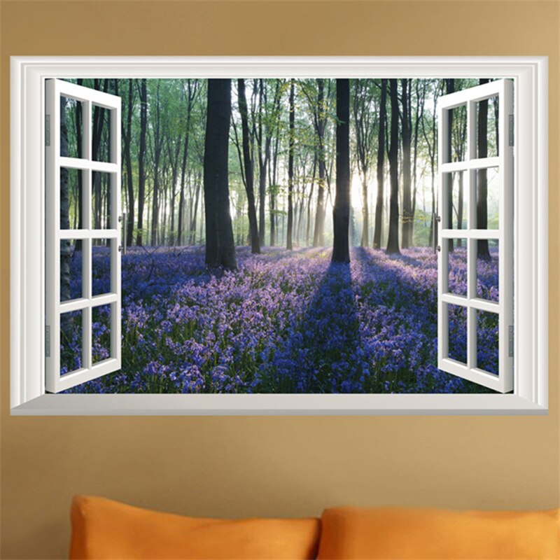 3D Lavender Sakura Castle Window Wall Sticker Home Decor Poster Living Bedroom Corridor Kitchen Scenery Vinyl Decals Paper