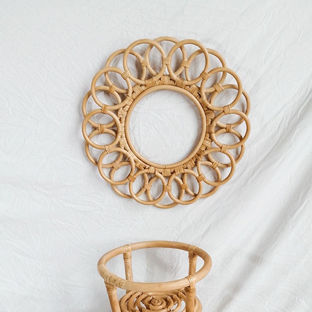 Round Mirror Frame Bohemia Style Crafts Natural Rattan Wall Hanging Mirror Frame Pendant For Living Room Bedroom Decoration