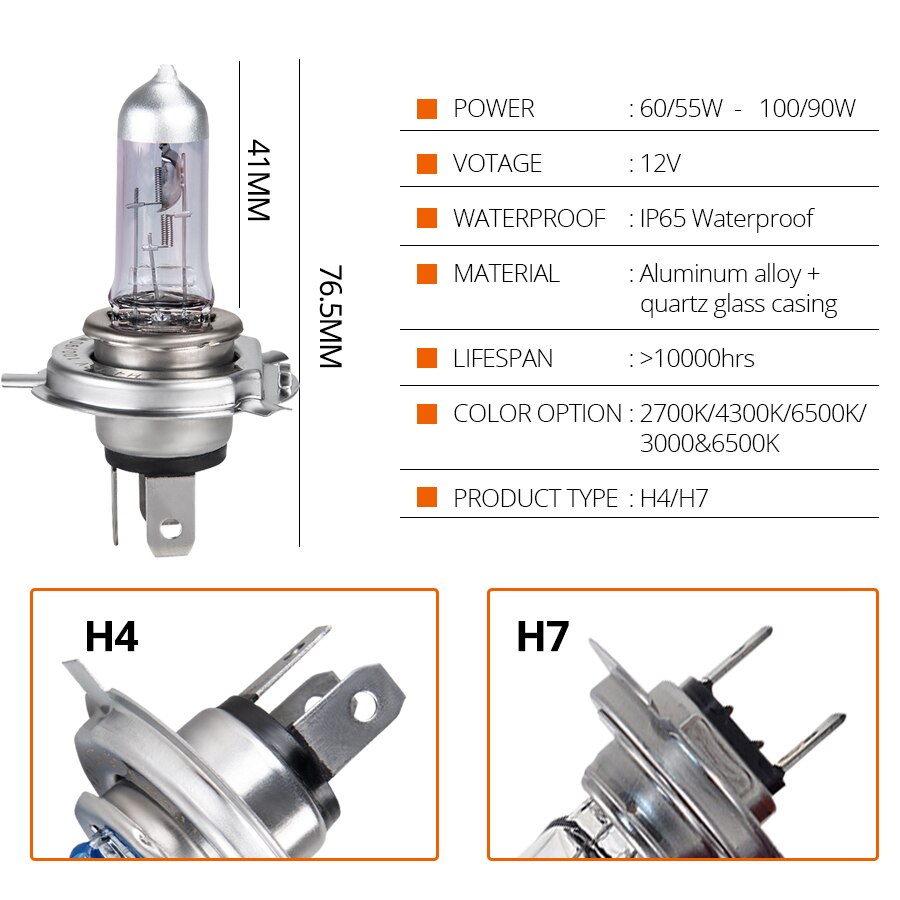 Ampoule de phare de moto halogène H4 H7 HS1 12V 55W 100W 6500K, lampe de moteur en verre de Quartz blanc