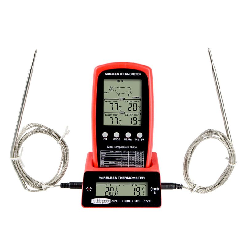 Termómetro Digital inalámbrico de doble sonda para cocina, utensilio medidor de carne para ahumar y cocinar: Rojo