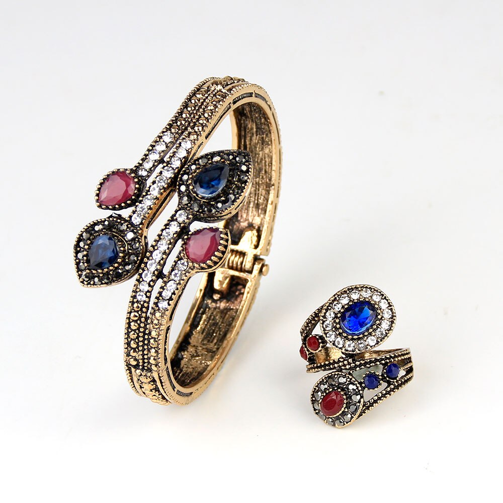 Z motywem tureckim w stylu klasyczny żywica bransoletka pierścień zestawy biżuterii kobiety antyczny złoty kolor bijoux indie kryształ ślub kwiatowy biżuteria etniczna prezent