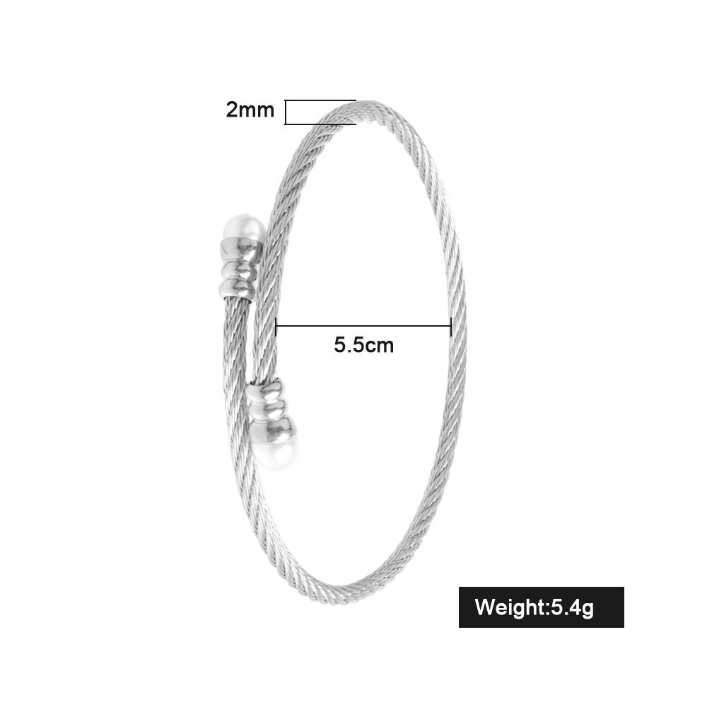 FINE4U B055 Adjustable Pearl Cuff Bracelet Bangles For Women 316L Stainless Steel Twisted Cable Bracelets: Steel-2mm