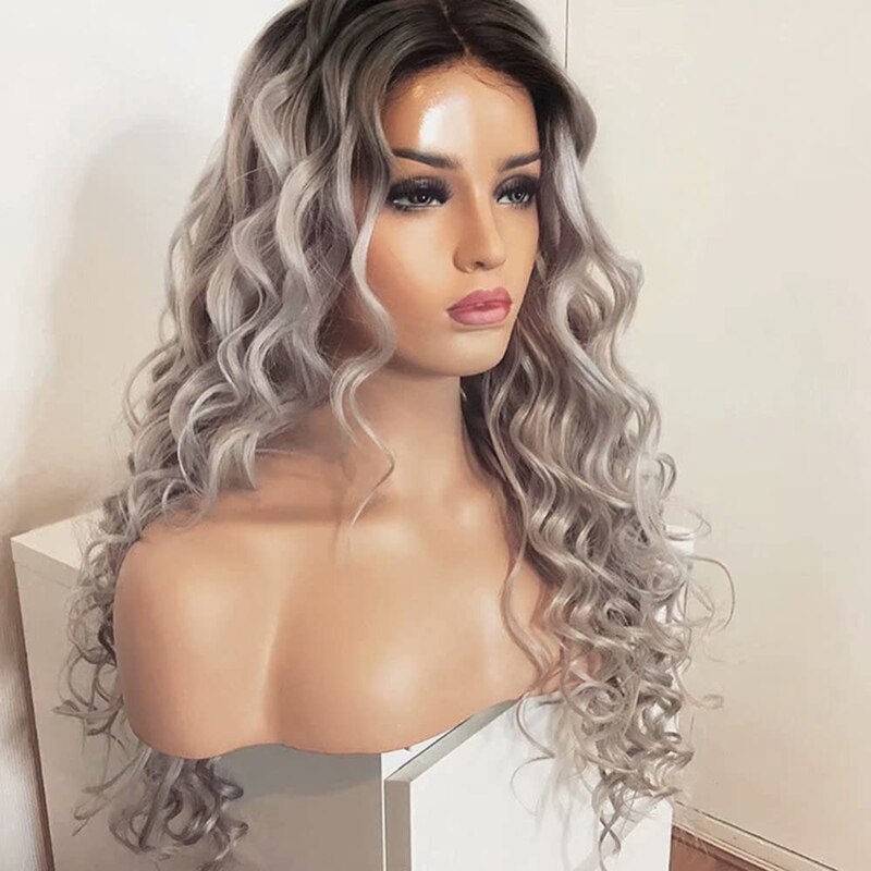 AIMEYA-peluca ondulada larga para mujeres negras, cabellera artificial con malla frontal, color gris degradado, resistente al calor, para disfraz de Cosplay