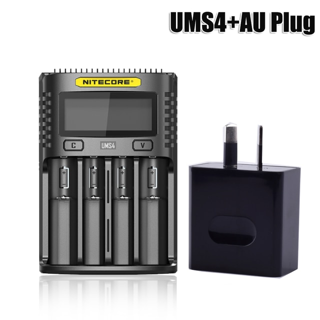 NITECORE UMS4 Batterie ladegerät QC Schnelle Ladung 4A mit 4 Slots Ausgang LCD Display Für 18650 14500 16340 26650 21700 AA AAA Batterie: UMS4 and AU Plug