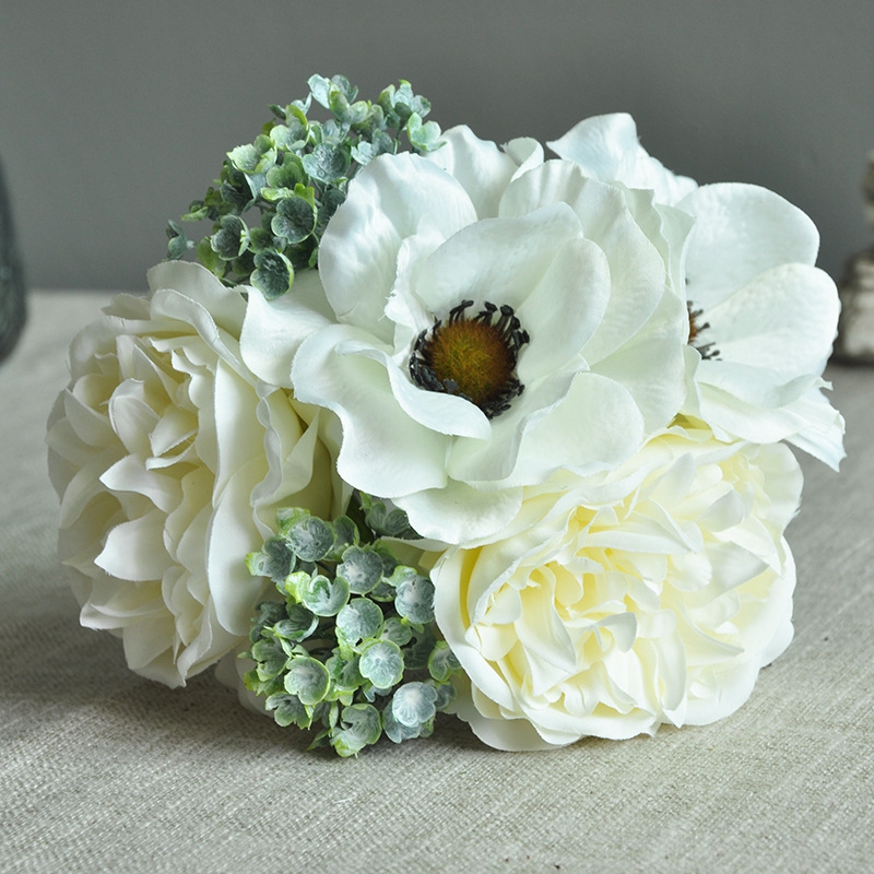 Nordic Pioen Boeket Kunstmatige Bloem Bruiloft Bruid Bedrijf Nep Bloemen Eenvoudige Hand Tie Anemone Valentijnsdag Boeket: White