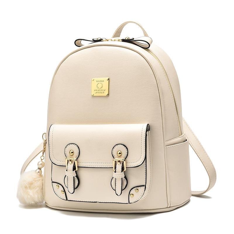 Color Block PU Backpack for Women | Stylish Daypack with Pompom Charm & Multiple Compartments: SKY BLUE