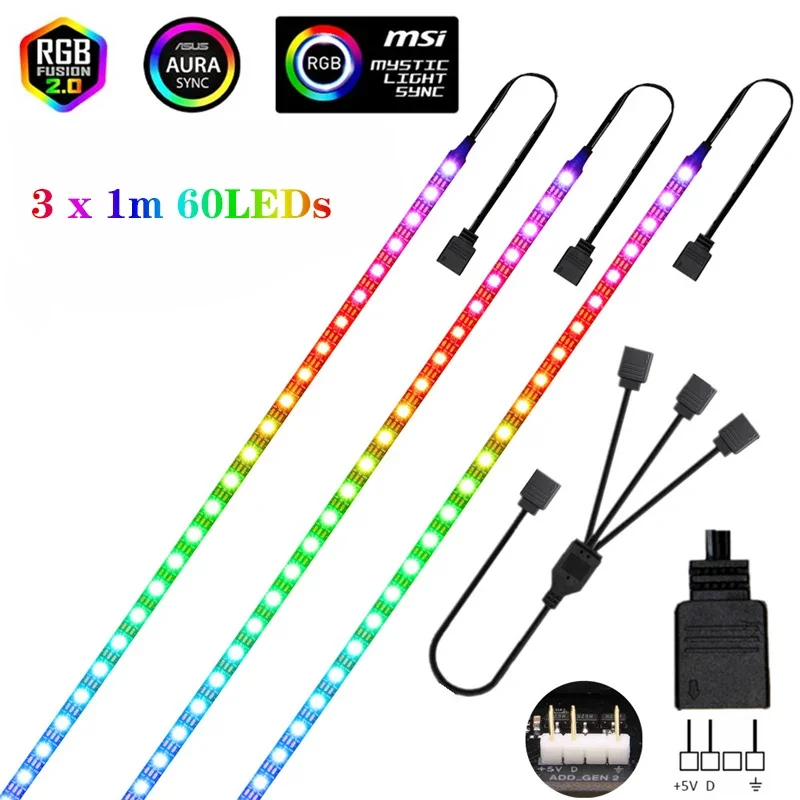 Bande lumineuse LED RGB WS2812B, 5V, 3 broches, adressable, pour ASUS AURA SYNC, MSI Mystic Light Sync, GIGABYTE