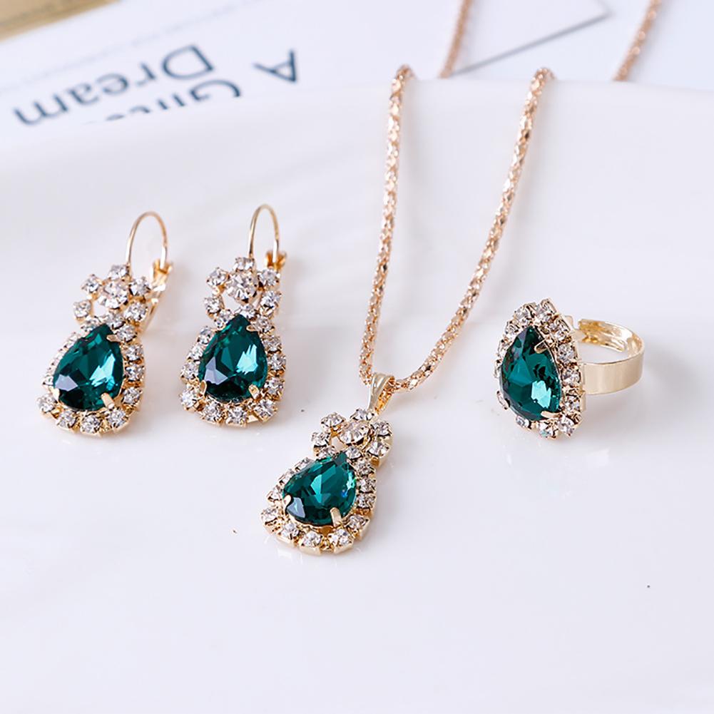 Waterdrop Shiny Rhinestones Necklace Ring Earrings Women Jewelry Set