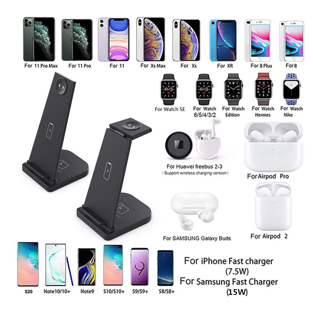 Soporte de carga inalámbrica Qi 3 en 1, 15W, para iPhone 11 X XS XR 8, estación de carga rápida para Apple Watch SE 6 5 4 3 2 AirPods Pro