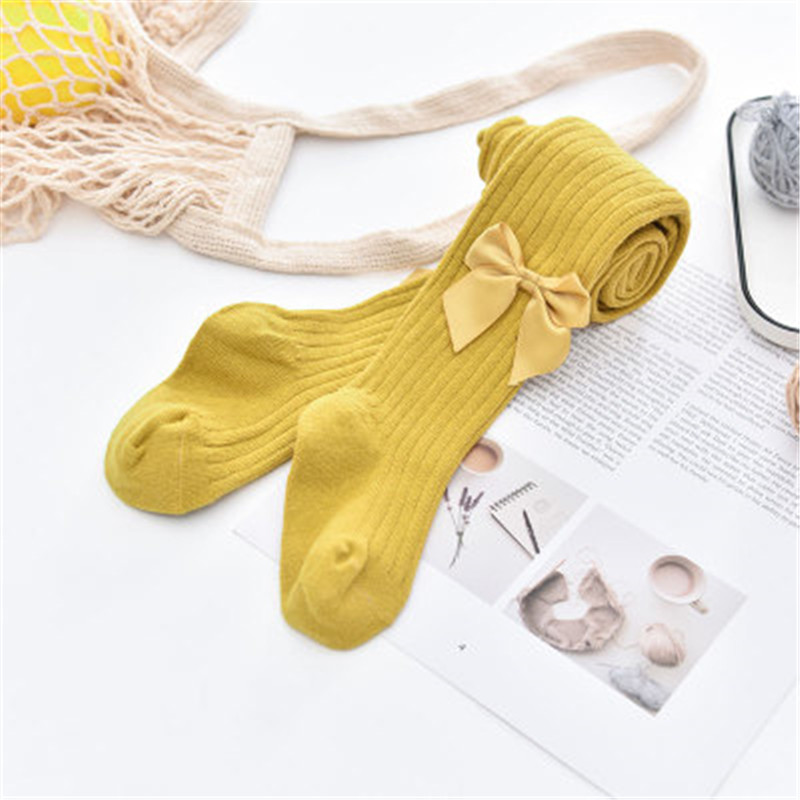 2-7Y Ribbon Bows Baby Girls Tights Clothes Winter Cotton Knitted Baby Stockings Collant Bebe Fille Pantyhorse Children Tights: yellow / 7-9Y