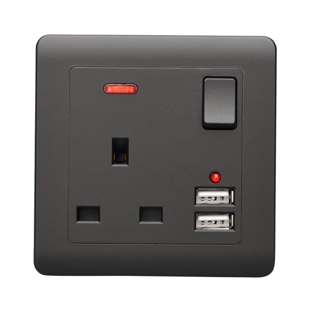 Wall Socket UK Plug 2 USB Charger Port Outlets Plate Single Switch Black