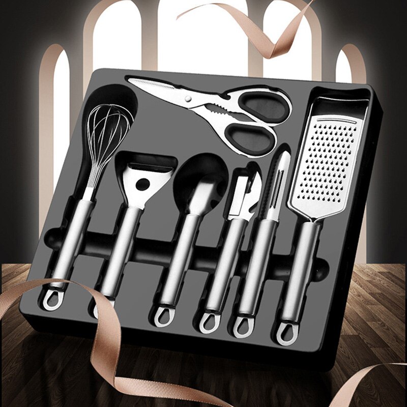 7Pc Kitchen Gadget Set Stainless Steel Multi-purpose Kitchen Grater, Whisk, Can Opener, Pizza Cutter, Peeler, Bowl Dish Pan Clip: Default Title