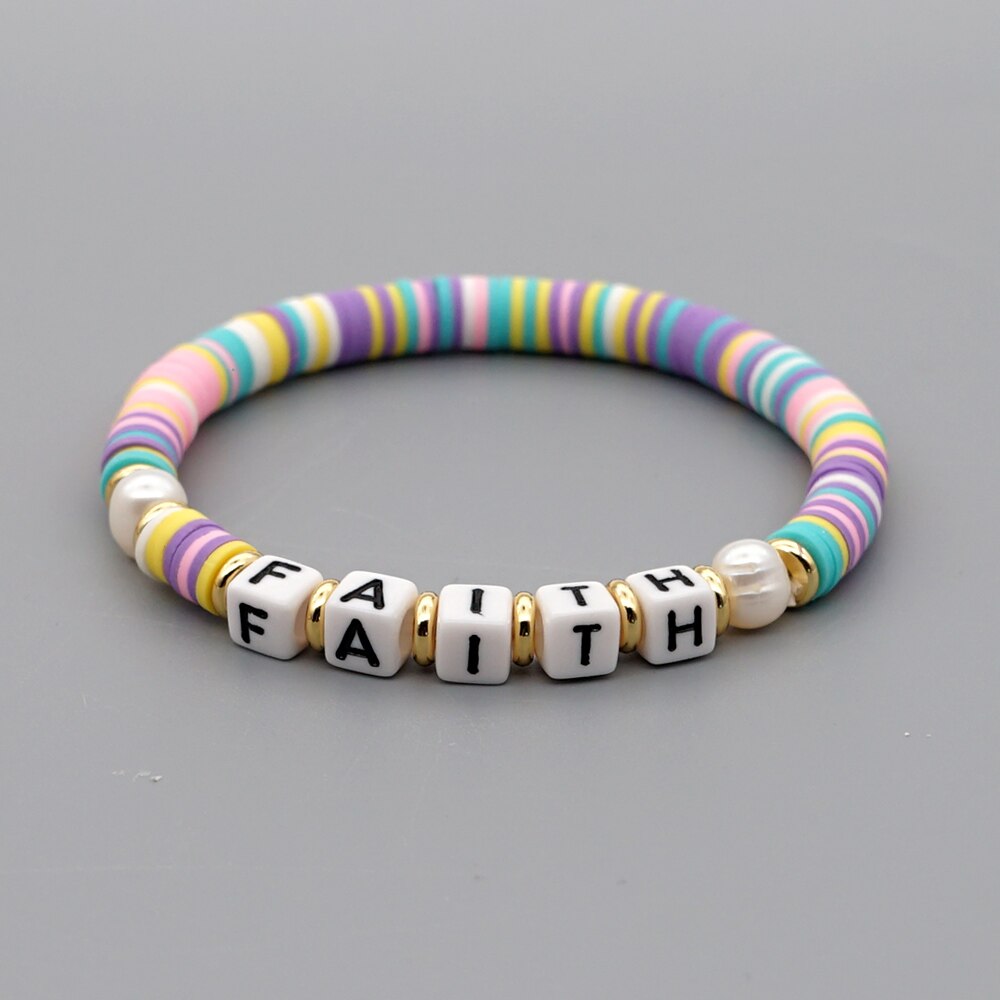 GO2BOHO Rainbow Polymer Clay Bracelets Faith Letter Heishi Beads Bracelet For Women Summer Beach Real Pearl Pulsera Jewelry