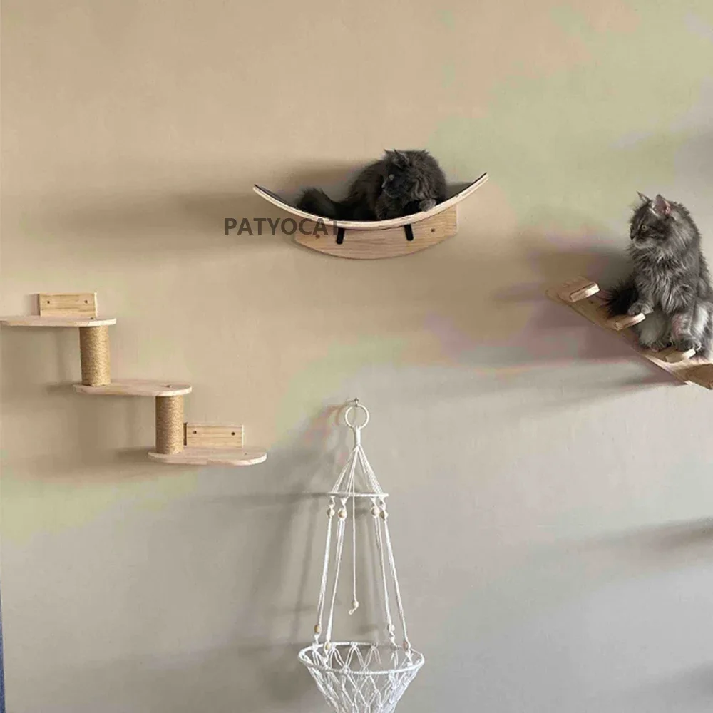 Wall Mounted Cat Climbing Wood Shelves Furniture Cat Bridge and Cat Hammock or Platform with Pedals for Kitten Perch and Rest