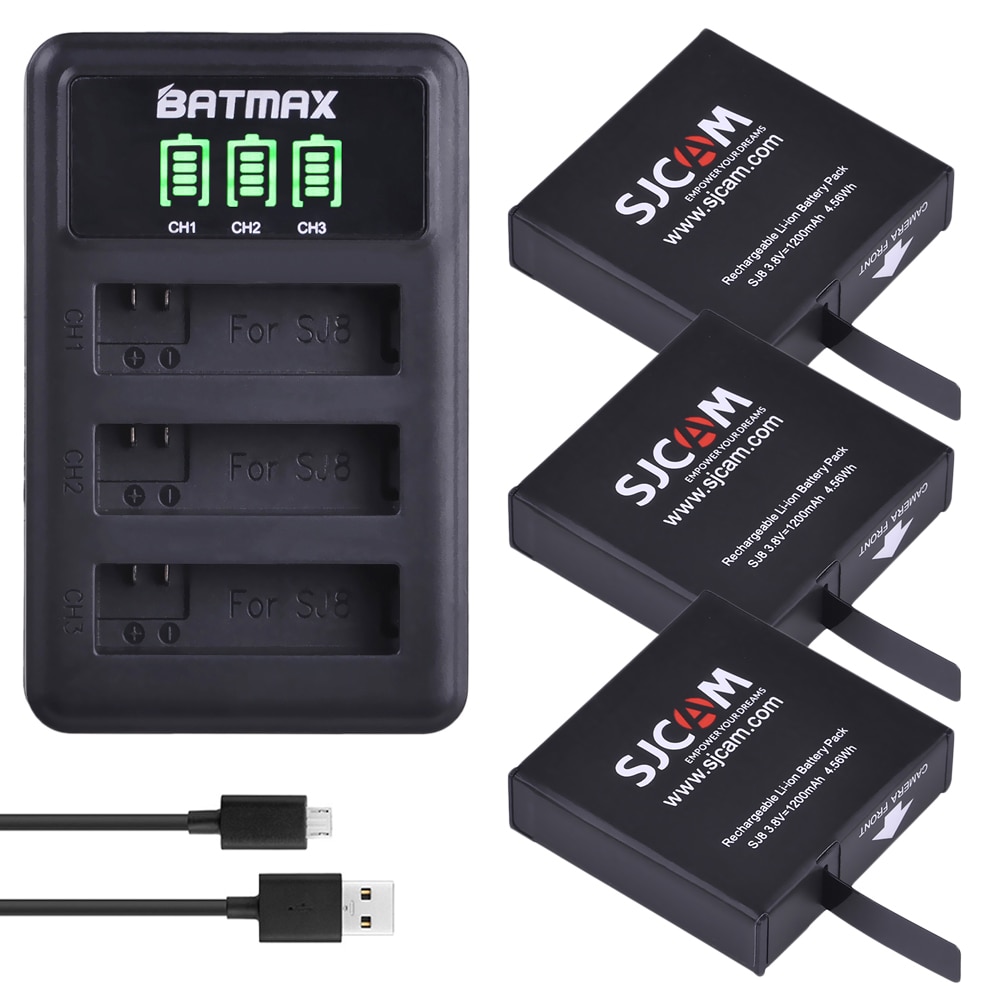 3 stk 1200 mah opprinnelig sjcam  sj8 batteri + ledet 3 spor usb lader til  sj8 pro pluss luft handling kamera