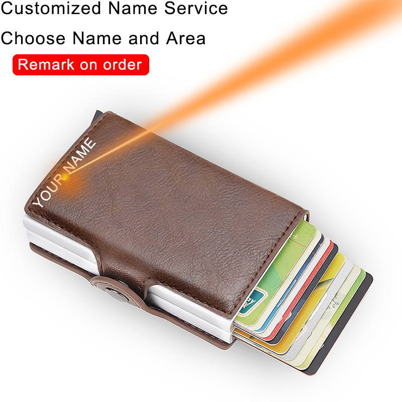 Rfid Blocking Protection Men id Credit Card Holder Wallet Leather Metal Aluminum Business Bank Card Case CreditCard Cardholder: Coffee(Name Service)