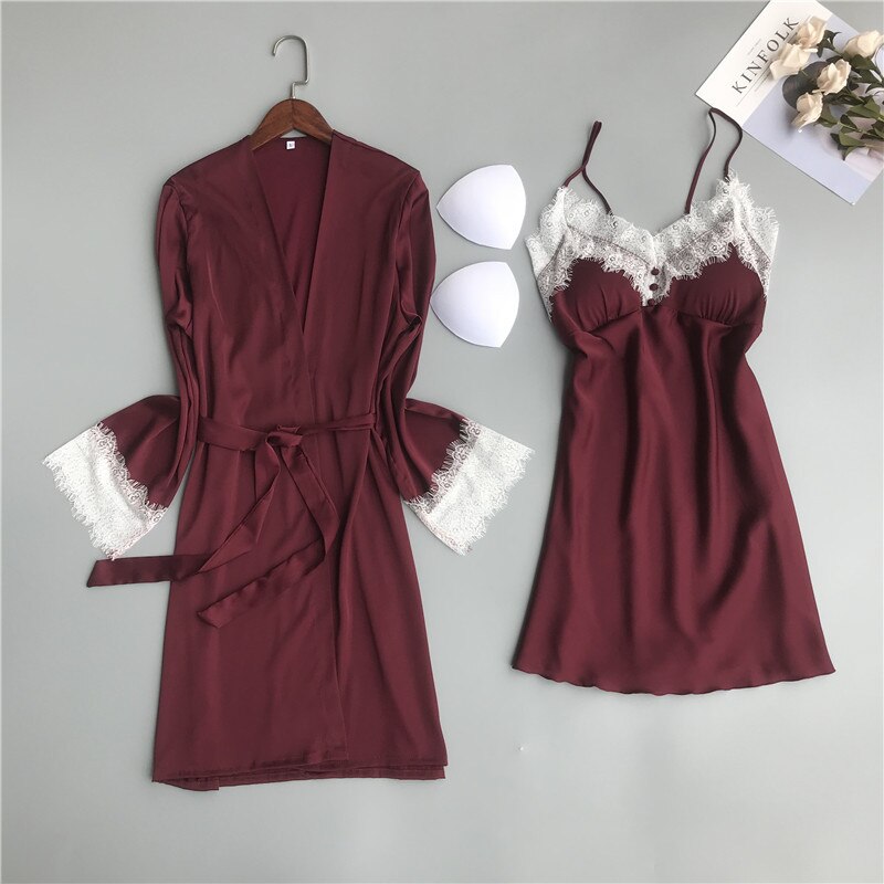 Sexy Robes ensembles solide Kimono 2 pièces Robe Peignoir vêtements de nuit Peignoir Robes de mariée en dentelle Robes de demoiselle d'honneur H174