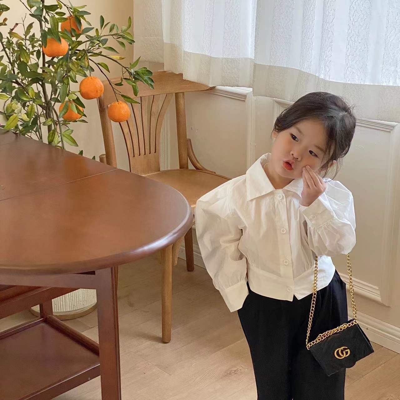 2022 Koreaanse Lente Kinderen Overhemd Kinderen Korte Shirt Girls Bubble Mouw Revers Shirt