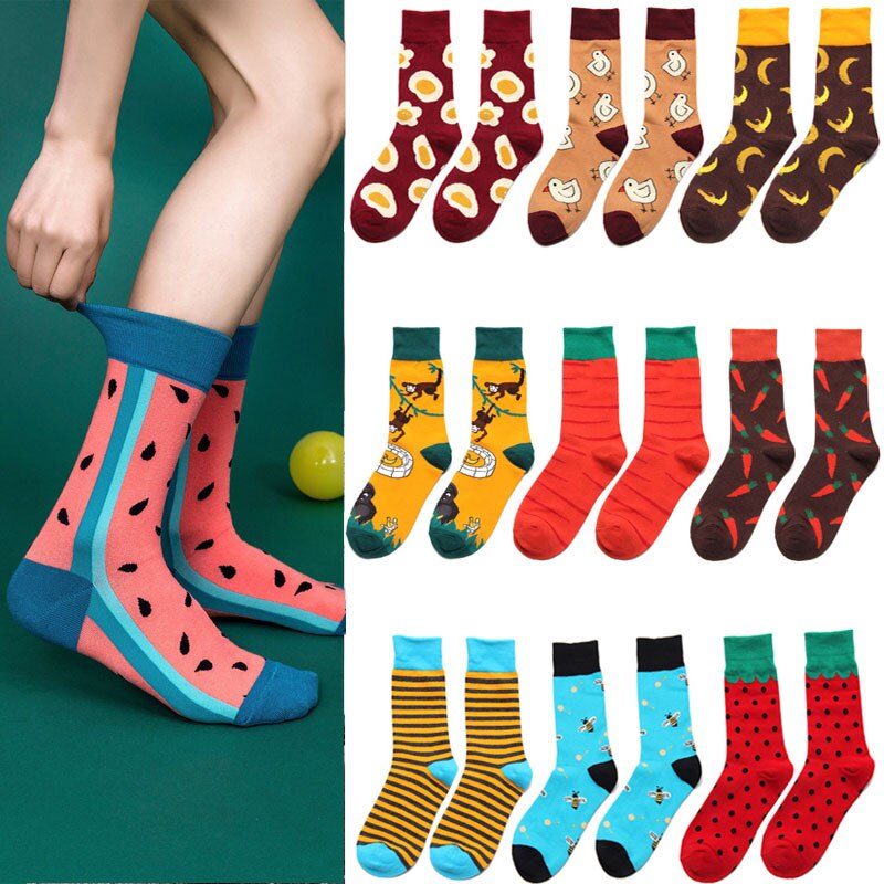 Heren en dames katoenen grappige sokken cartoon fruit banaan watermeloen aardbei omelet patroon sokken unisex
