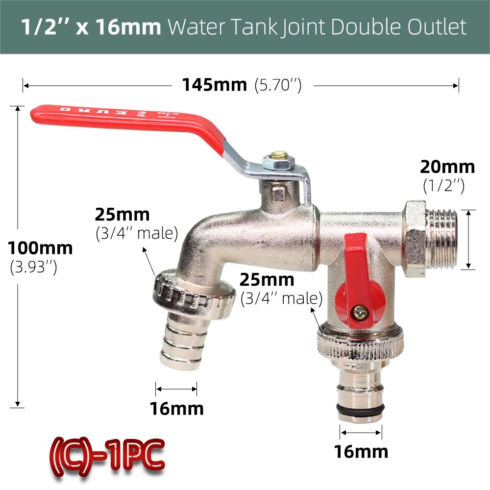 Brass Tap Joint 1/2'' IBC Water Tank Connector 2-Way 1-Way Garden Hose Irrigation Faucet Adapter Replacement Fitting Ball Valve: C-1PC