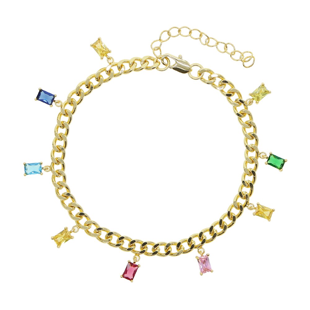 Regenboog Kleurrijke Zirconia Baguette Cubaanse Link Chain Enkelband Voor Vrouwen Verstelbare Lengte 21 + 5Cm Trendy Geometrische Cz enkelband: Goud-kleur