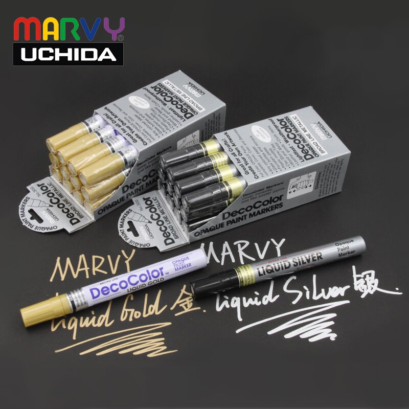 Marvy-Marcador de pintura opaco 120S & 300S, pluma metálica, papelería, color dorado/plateado/blanco, 0,7/1,0/2,0mm