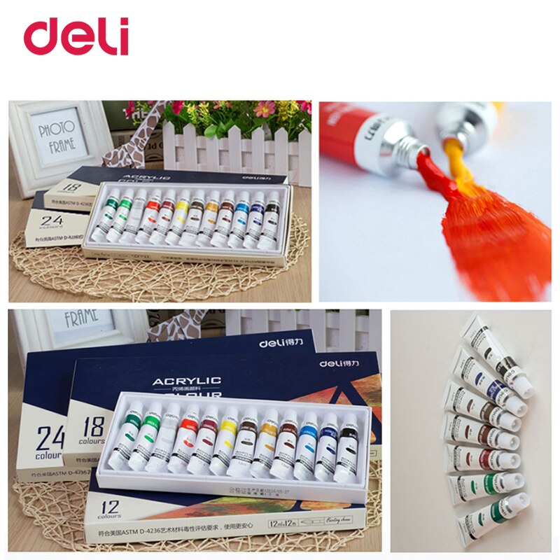 Deli 12/18/24 couleurs peintures acryliques pour l'école kid art fournitures résistance à l'eau ensemble de dessin papeterie aquarelles
