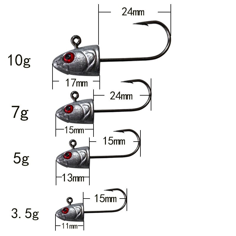Señuelo de cabeza suave de plomo, aparejo de pesca de lubina, tipo pez 3D, Ojo de 3,5g 5g 7g 10g, cebo de gusano blando de silicona con púas, herramienta de gancho, 6 uds.