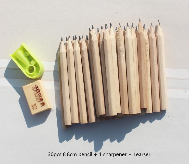 3.5 ''8.8Cm Korte Hout Potlood Terug Naar School Schrijven Briefpapier Pennen Schetsen Potloden Met Scherpere Gum Set: 30pen erase sharper