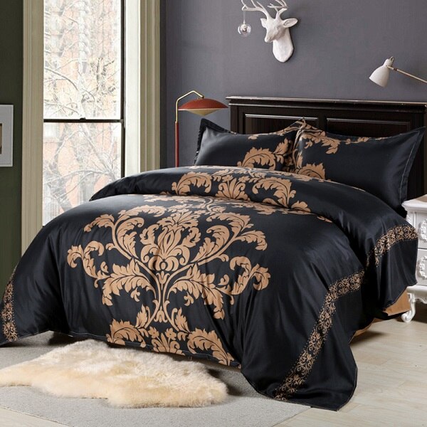 Kort hvid sort blomstertryk sengetøjssæt dronning 3 stk 228 x 228cm sengelinned dynebetræk med pudebetræk (uden ark uden fyld): Sort