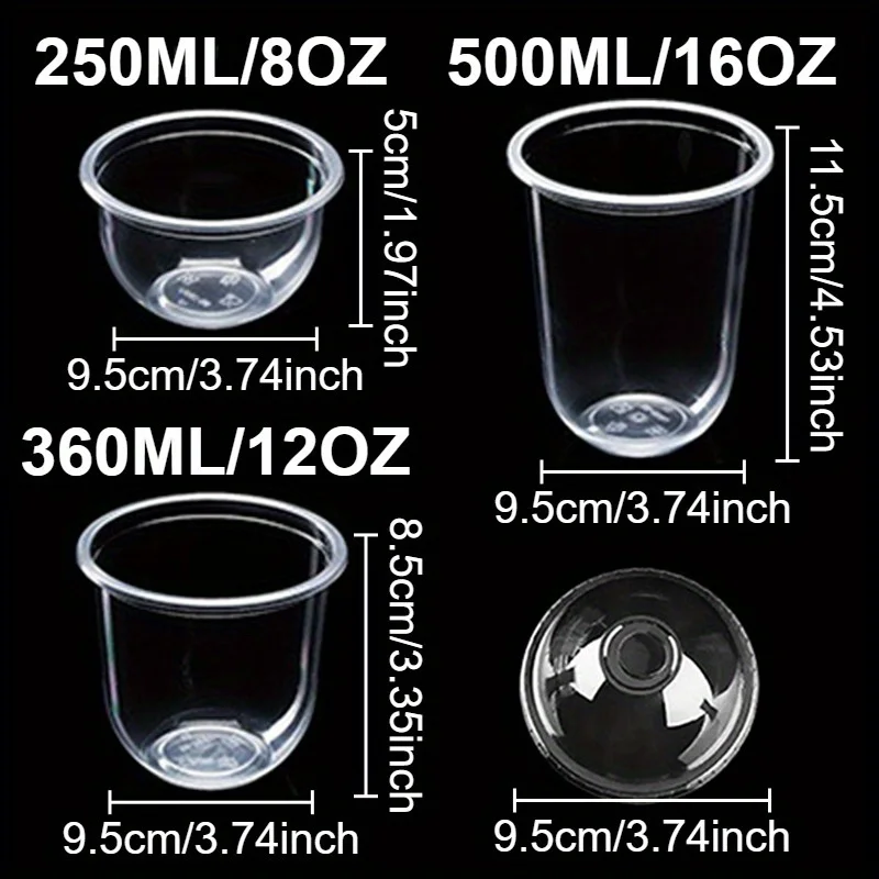 50ST Engångs Plastmuggar med Lock - 250ml 360ml 500ml - Transparent Behållare för Drycker, Desserter, Glass