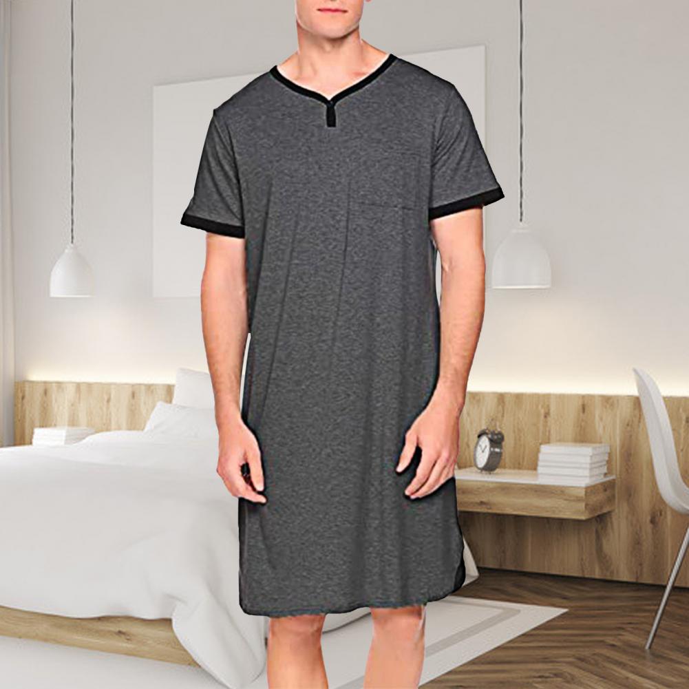 Mannen Slaap Gewaden Korte Mouw O Hals Pocket Nachthemd Zachte Losse Knielange Nachtjapon Homewear Heren Badjassen