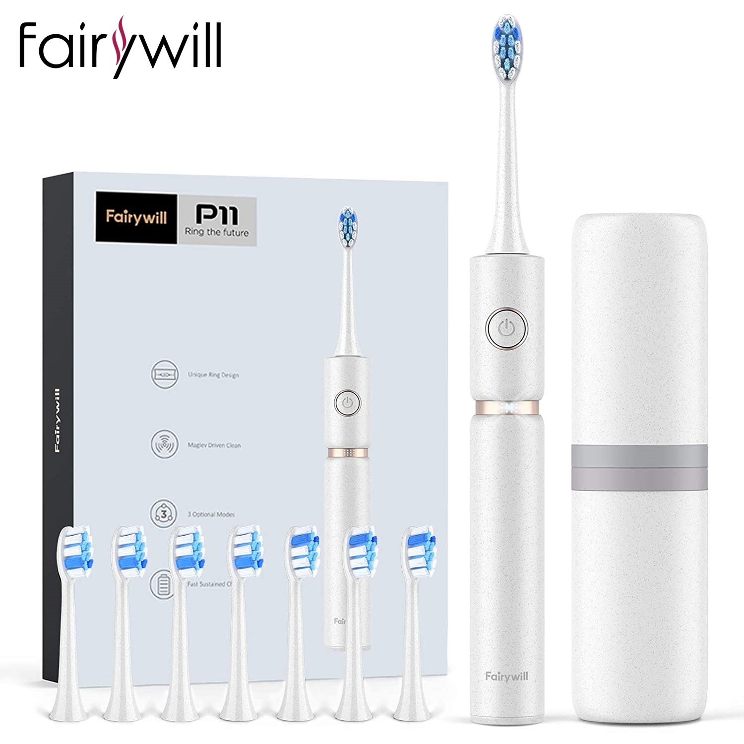 Fairywill P11 Sonic Electric Toothbrush Waterproof Rechargeable Whitening Ultra Powerful USB Charger 4 Heads and 1 Travel Case