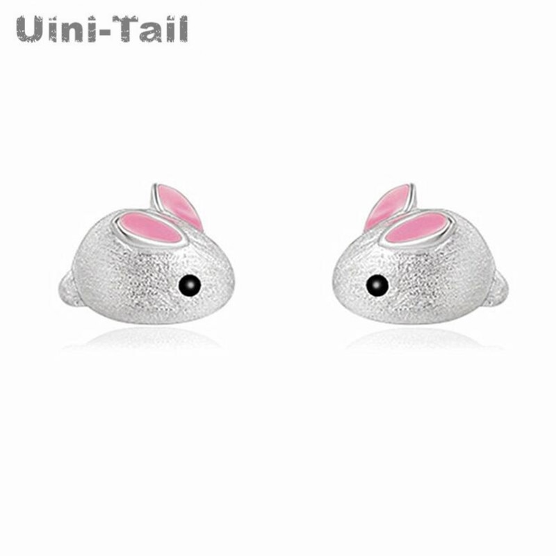 Uini-tail-pendientes de plata de ley 925 con conejo blanco y rosa, joyería fina