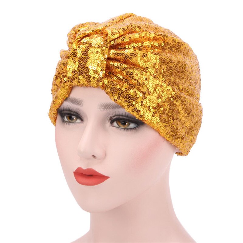 Femmes Turban chapeaux musulman Stretch noir bordeaux marine couleur unie doux Modal indien paillettes casquette pour femmes dentelle: Or