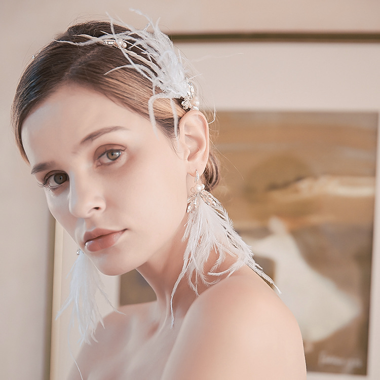 White Feather Bridal Headband with Earrings Crystal Wedding Hair Crown Pearls Jewelry Handmade Women Headpiece