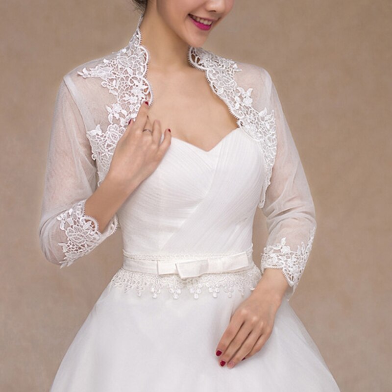 Chaqueta de boda de manga 3/4 para mujer, abrigo Floral con ribete de encaje, Bolero, cárdigan
