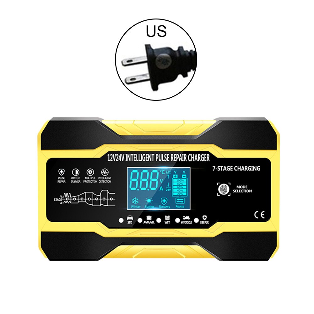 Chargeur de réparation d'impulsions de voiture 12V/5A 24V/10A, avec écran LCD, pour batterie de moto, automatique, intelligent, en 7 étapes, rapide: Yellow US