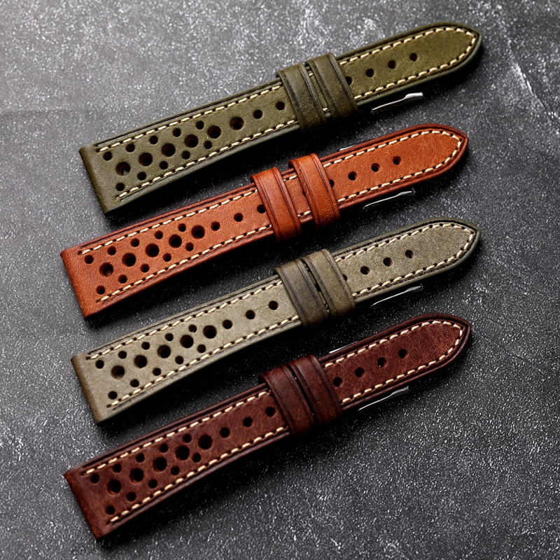 Handgemaakte eerste laag koeienhuid lederen horlogeband 18 19 20 22 MM ultradunne oude ademende gat echte koeienhuid lederen armband,
