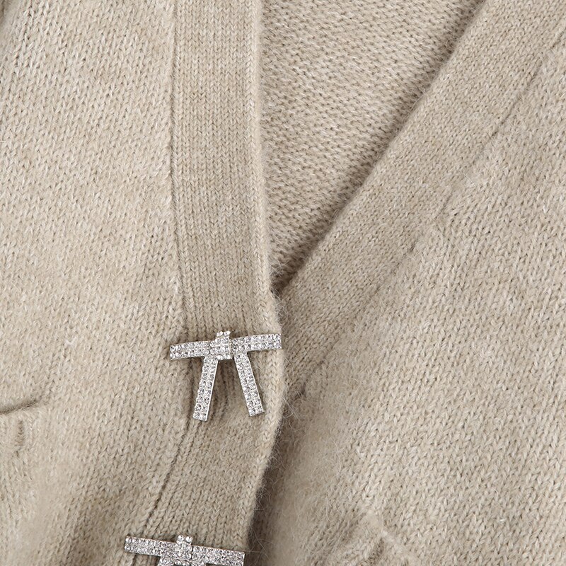 Pull ample à col en v pour femme, cardigan à poches, manches lanternes, pull court, pour femme