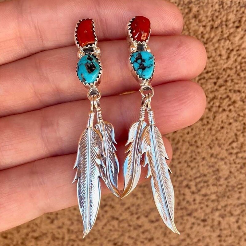 Bohemia Turquoises Earrings Silver Feather Pendant Earrings for Women Female Party Earring Jewelry Accessories